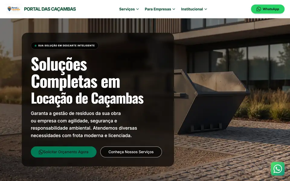 Site do Portal das Caçambas, locação de caçambas, cliente da Laggu