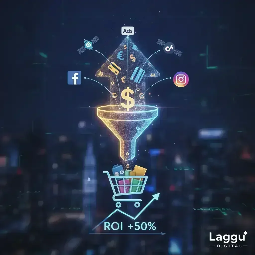 Funil digital com anúncios de redes sociais e satélites, levando a um carrinho de compras e gráfico de ROI +50%