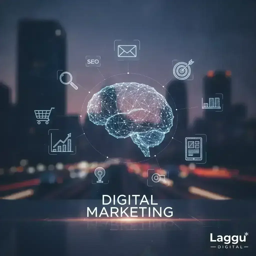 Cérebro poligonal com ícones de marketing digital ao redor e texto 'DIGITAL MARKETING' sobre fundo de cidade noturna borrada