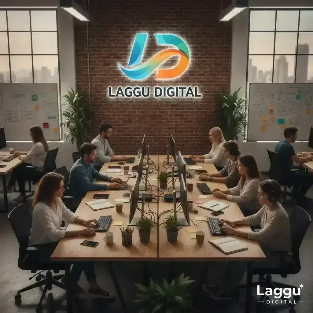 Escritório moderno com várias pessoas trabalhando em computadores, logo 'LD LAGGU DIGITAL' em parede de tijolos