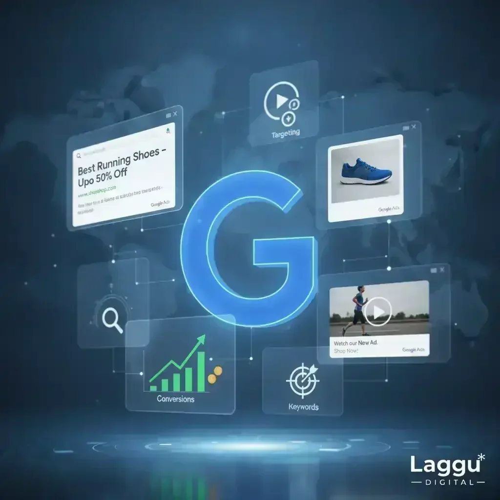 G do Google cercado por janelas transparentes de Google Ads: anúncios de busca, produto, vídeo, targeting, conversões e pala…